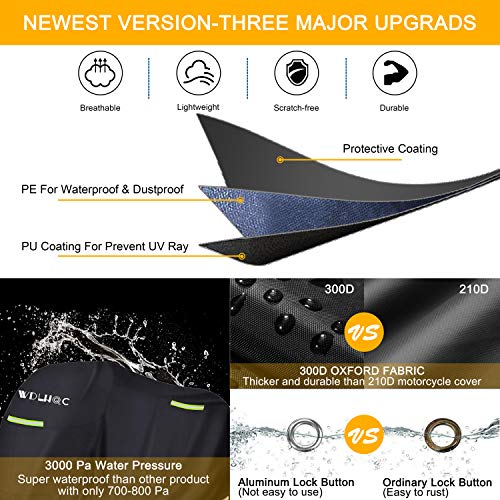 Motorcycle Cover,WDLHQC 300D Oxford Waterproof Motorcycle Vehicle Motorbike Scooter Covers Shelter for 105inch Honda,Yamaha,Suzuki, Harley,All Weather Outdoor Protection with Lock-Holes & Storage Bag