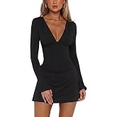 Women Plunging V Neck Long Sleeve Mini Dress Going Out Date Night Dress | Bodycon sexy dress with double-layered skirt, draped ruched waist and flare sleeves for birthday party and clubbing.