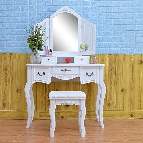 2019 New Makeup Vanity Set with 3 Mirrors 5 Drawers 1 Cushioned Stool Dressing Table Set Vanity Makeup Desk Table White Tri Folding Mirror Wood Vanity Makeup Table Set for Women Girls