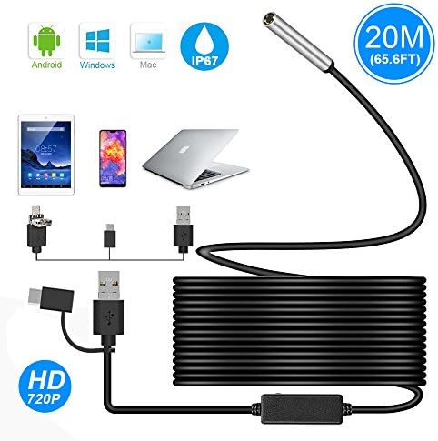 USB Endoscope, Ihong 3 in 1 20M 720P 5.5MM HD Borescope Inspection Camera Waterproof Snake Camera with USB Type-C Connector 6 Adjustable LED Lights for Android Windows&amp;Macbook OS Computer Laptop
