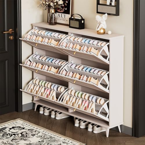 New retro rattan shoecabinet, freestanding 6-drawer entrance shoe cabinet, large capacity narrow shoe cabinet rattan design, office living room cabinet (WHITE)