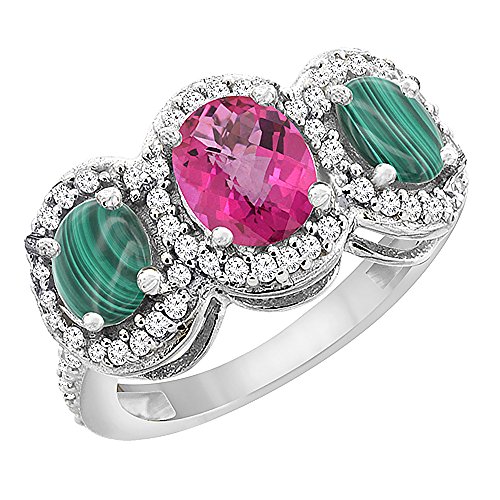 10K White Gold Natural Pink Sapphire & Malachite 3-Stone Ring Oval Diamond Accent, size 10