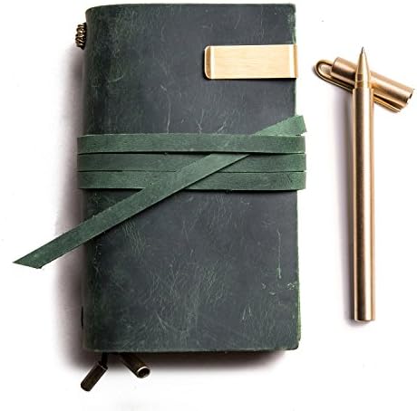 Travel Diary + Copper Pen &amp; Notebooks to Write in, Handmade Journals For Men And Women Refillable Planner ,Lined Paper, Retro Accessories (Green, Middle Size 6.30 × 4.13 Inch)