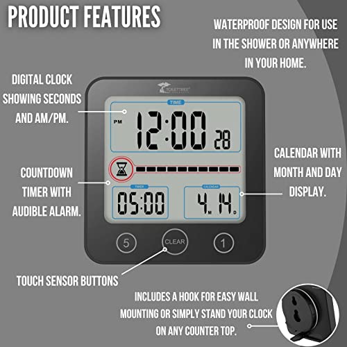 ToiletTree Products Digital Bathroom Shower Clock with Alarm & Large LCD Display Waterproof