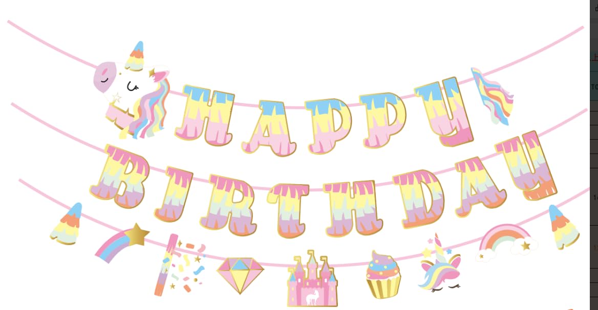 SUNBEAUTY Unicorn Happy Birthday Banner & Party Decorations for Girls - Pastel Color, Paper Material, Rectangular Shape
