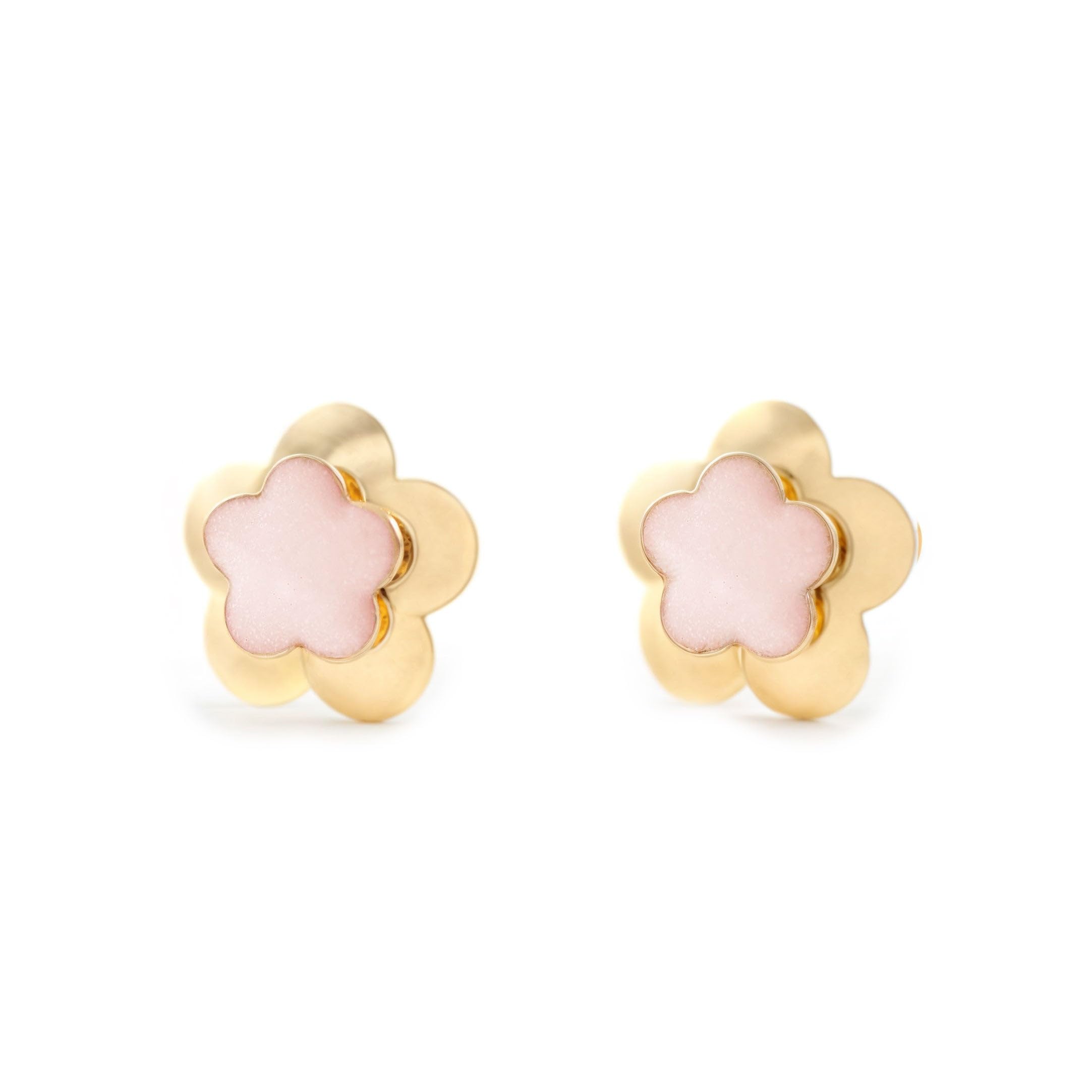 Mondepetit - 9ct Yellow Gold Light Pink Enamel Flower Children's Girls Earrings shine