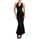 winkbay Women's Halter Deep V Neck Bodycon Dress Ruched Fishtail Backless Cocktail Maxi Dresses