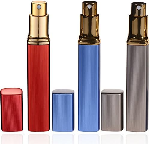 Cecathlon Travel Refillable Perfume Atomizer Bottle Spray, Aluminum 12ml, Empty Spray Scent Pump Case (Set Of 3 Red/Blue/Brown)