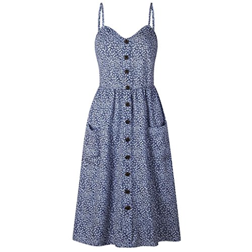Summer Dresses, Womens Sleeveless Boho Floral Buttons Swing Sundress Spaghetti Strap Beach Dresses (L, Navy one)