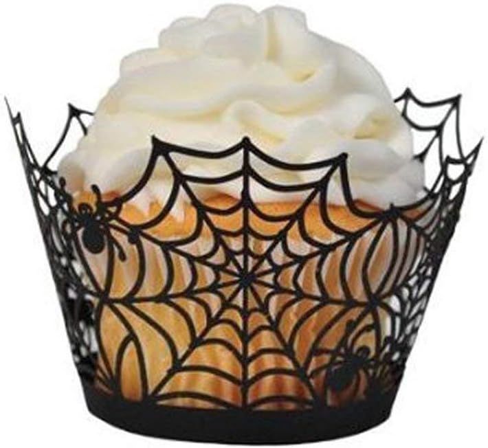 GOLF 100Pcs Halloween Cupcake Wrappers | Artistic Bake Cake Paper Filigree Little Vine Lace Laser Cut Liner Baking Cup Wraps Muffin CaseTrays for Wedding Party Birthday Decoration (Black Spiderweb)