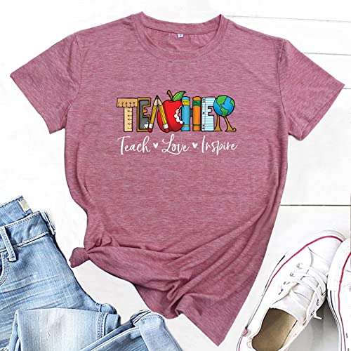 Women Teacher T-Shirt Teach Love Inspire Letter Print Shirts Brick Red