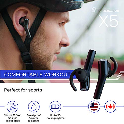 TREBLAB X5 - Advanced Sports Bluetooth Earbuds, Signature HD Sound w/Beryllium Speakers, 30H Battery, Waterproof IPX4, Noise Cancelling, Hands-Free Microphone, True x-Drop Running Wireless Headphones