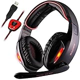 Sades SA902 7.1 Channel Virtual USB Surround Stereo Wired PC Gaming Headset Over Ear Headphones with Mic Revolution Volume Control Noise Canceling LED Light (Black/Red)