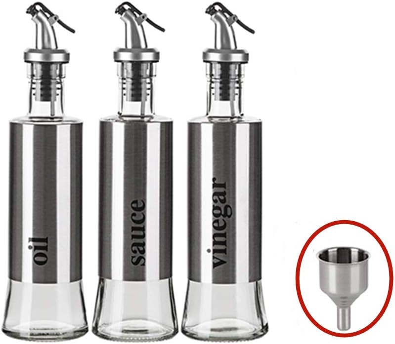 TSHG Olive Oil Dispenser, 300ml Drip-Free Vinegar and Soy Sauce Bottle, Stainless Steel and Food-Grade Lead-Free Glass, with A Free Automatic Filler, Suitable for Kitchen,D