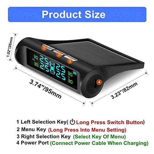Car TPMS, Tire Pressure Monitor System, with 4 External Sensors, Solar Power Universal Real-time LCD Display 4 Tires Pressure and Temperature Monitor, Auto Safe Warning (Color Screen) - Thumbnail 3