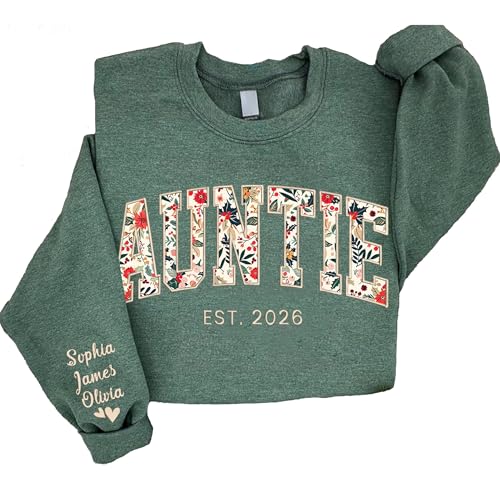 NAZENTI Embroidered Auntie Floral Shirt with Kidsname on Sleeve, Personalized Floral Crewneck Sweatshirt, Best Auntie Shirt for Women, Perfect Birthday at Amazon