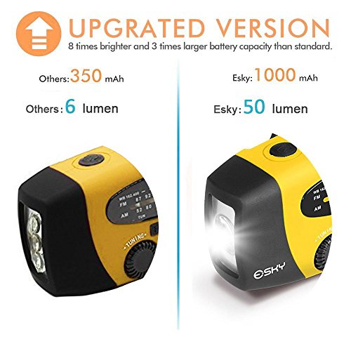Esky-Solar-Weather-Radios-Hand-Crank-Self-Powered-Emergency-FMAMNOAA-Radio-with-LED-Flashlight-and-1000mAh-Yellow