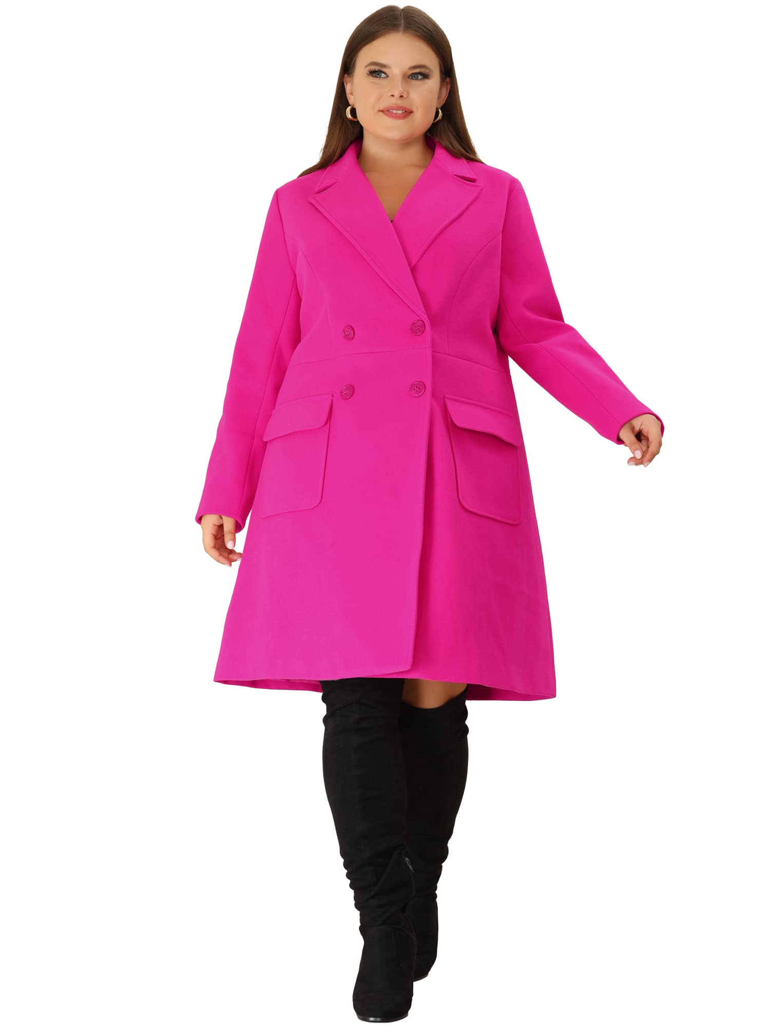 Photo 1 of Agnes Orinda Women's Plus Size Long Winter Coats Notch Lapel Double Breasted Pea Trench Coats 4X Hot Pink
