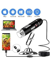 YKSINX   Microscopio digital USB de 40 a 1000 x cámara de alta resolución, 8 luces LED incorporadas, cámara de Microscopio USB, amplificador USB HD con adaptador OTG y soporte de metal, para iPhone, iPad, A