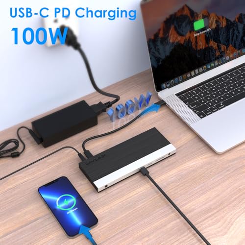 WAVLINK USB C Docking Station, 4k Triple Display Dock, Support 100W for PC with DisplayPort, HDMI Adapter, USB 3.0, Gigabit Ethernet, SD/TF Card Slot, Audio Jack