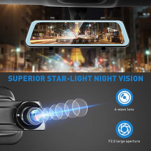 AUTOLOVER Mirror Dash Camera 9.66 inch Backup Camera 1080P Dash Cam Front and Rear Full Touch Screen Rear View Mirror Camera with Loop Recording, Parking Monitor, Night Vision, Waterproof Rear Camera