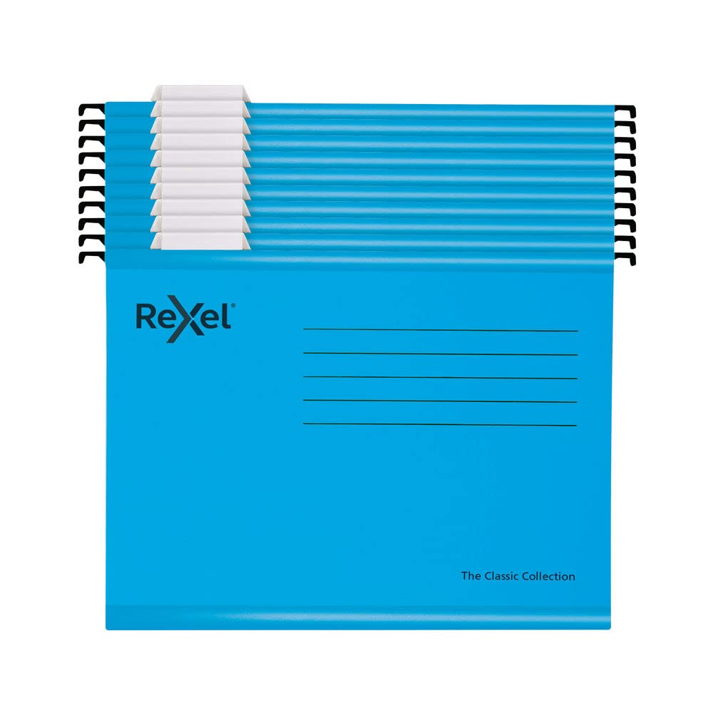 Rexel Classic Foolscap Reinforced Filing Cabinet Suspension Files with Dividers, 15 mm V base, 100 Percent Recycled Card, Blue, Pack of 10, 2115594