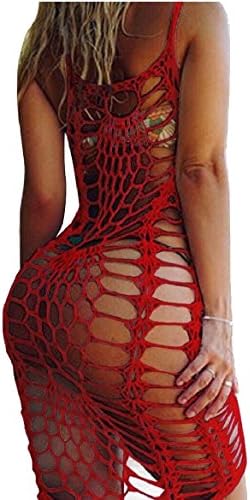 ONTBYB Womens Crochet Lace Bikini Swimsuit Beach Cover up Tunic Dress Red XL
