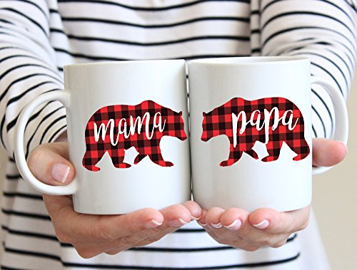 Mug Gift Set Mama Bear and Papa Bear Plaid Holiday Christmas Gift for Couples Coffee Mugs Gift for Mom and Dad