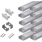 hunhun 10-Pack 6.6ft/ 2Meter U Shape LED Aluminum Channel System with Milky Cover, End Caps and Mounting Clips, Aluminum Profile for LED Strip Light Installations, Very Easy Installation