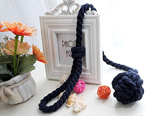 BUZIO 2 Pieces Hand Knitting Blackout Curtain Rope Cord Rural Cotton Tie Back, Navy Blue - Thumbnail 3