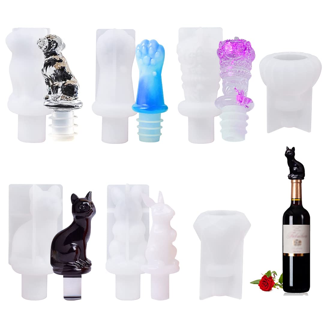 Koonafy 7Pcs Bottle Stopper Resin Molds Wine Stopper Resin Molds Epoxy Bottle Stopper Moulds Crystal Animal Dog Cat Diamond Silicone Stopper Molds for DIY Crafts Making