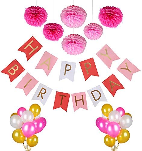 37PCS Birthday Party Decorations for Girl Boy - HAPPY BIRTHDAY BANNER -Rose Red Pink White Gold Foiled Bunting Flag Garland,6pcs Rose Red Pink Tissue Paper Fluffy Flower 30pcs Pink White Gold Balloons