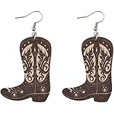 Boho Western Cowgirl Boots Hat Wooden Earrings for Women Pink Cowboy Flower Leaf Dangle Drop Earrings Country Concert Theme Party Jewelry Gift