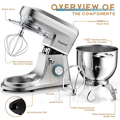 Electric Stand Mixer, Vospeed 7.5 QT Stainless Steel bowl, 660W 6Speed