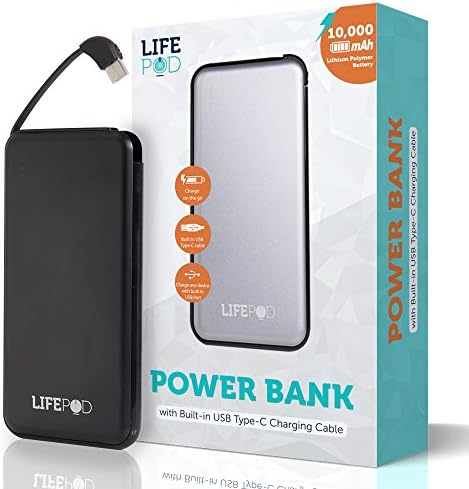 LifePod 10000mAh Power Bank External Battery Portable Charger Pack with Built-in Type C and Micro USB Cable for iPhone Samsung Huawei Android Cell Phones (Black)