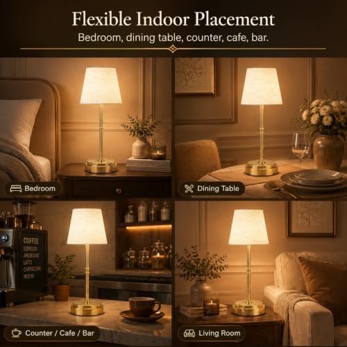 Rechargeable Table Lamp, 6000mAh Cordless Bedside Lamp, Gold, 3000K | Moves From Bedside to Side Table, 12-36H Runtime, 5%-100% Touch Dimming, Soft Linen Glow, 40.6 cm High