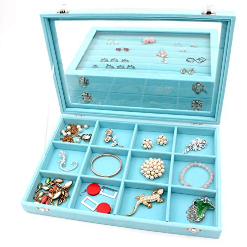 KLOUD City Jewelry Tray Box Showcase Display Storage Rings Earrings Necklaces Bracelet Broochs Organizer Removable Stackable Velvet Clear Lid with Lock (Light Blue 12 Grid)