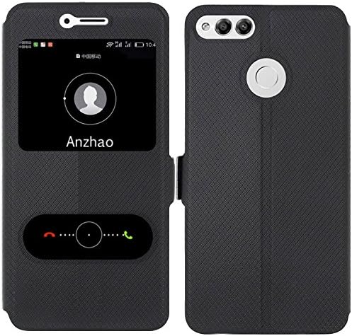 Huawei Honor 7X Case, Anzhao [View Window] Flip Case Cover with Kickstand [Magnetic Closure] for Huawei Honor 7X (Black)