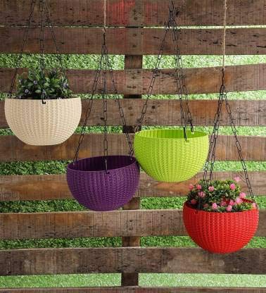 EOAN 6inch Multipurpose Hanging Pot Plant Container & Flower Pot with Chain Plant Container Set (Plastic, 6 Pots)