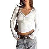 Women Knit Long Sleeve Crop Tops Y2K V Neck Slim Fit Ribbed Top Button Up Shirts Stretchy Streetwear