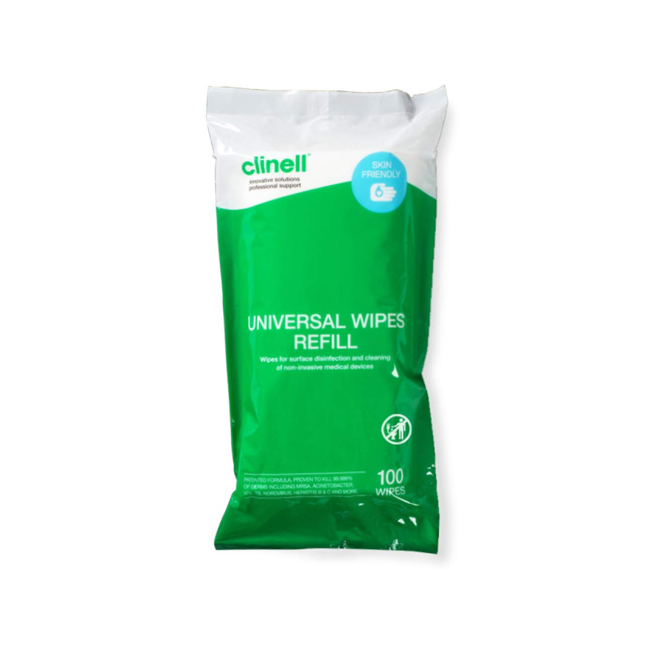 Clinell Universal Cleaning and Disinfectant Wipes for Surfaces - Refill Pack, 100 Count – Multi-Purpose, Quick Action, Kills 99.99% of Germs