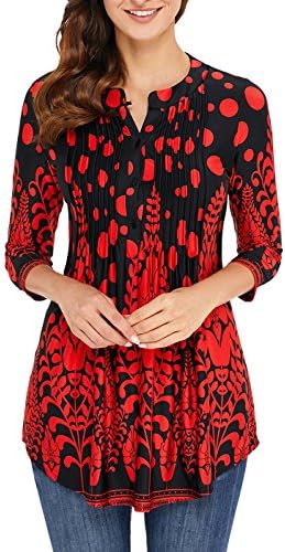 AINCRSO Womens Floral Tunic Tops with 3/4 Sleeves - Long Casual Floral Shirt Blouse with Round Neck – Buttons up Top Shirt