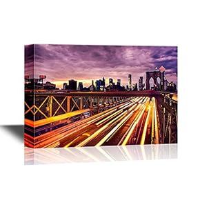 Bridge Canvas Wall Art - Night Car Traffic on Brooklyn Bridge in New York City - Gallery Wrap Modern Home Art | Ready to Hang - 12x18 inches