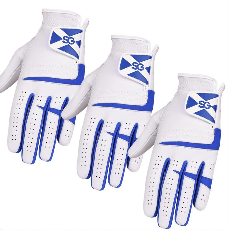 Sports Gear Ltd Pack of 3 Cabretta Leather Men’s Golf gloves, for All Weather Conditions, Soft Feel Grip, Breathable & Comfortable, Right & Left Handed Golfer - Scotland Right Hand M