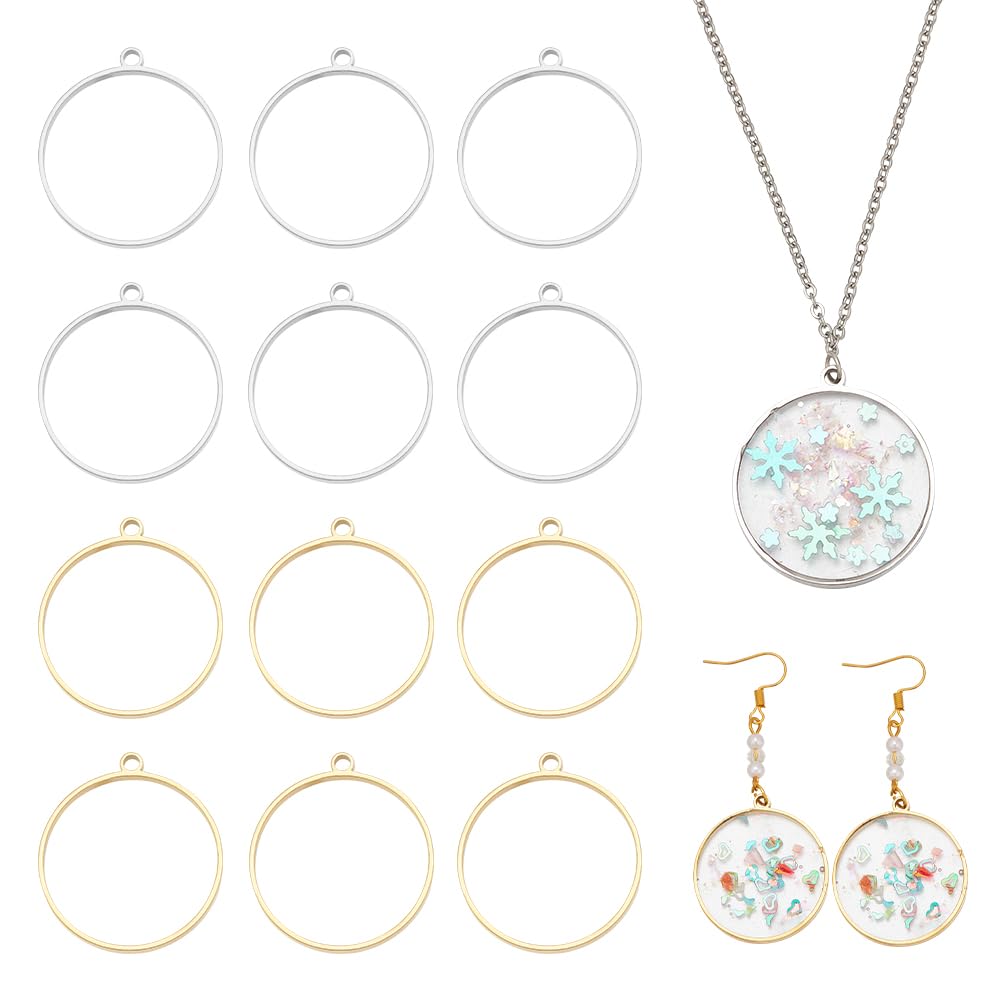 UNICRAFTALE 12Pcs 2 Colors Round Open Back Bezel Pendants 33mm Stainless Steel Ring Frame Pendants Epoxy Resin Pressed Flower Jewelry Blank Charms for DIY UV Resin Pressed Flower Crafts Jewelry Making