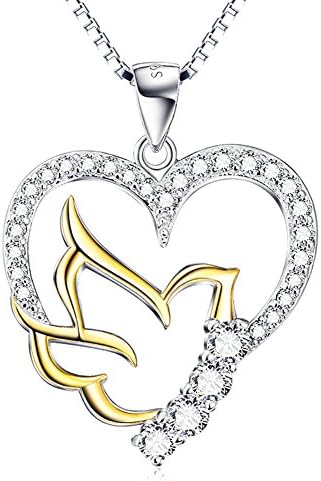 Two Tone 925 Sterling Silver Pigeon Heart Cubic Zirconia Charm Pendant Rolo Chain Necklace 18 "