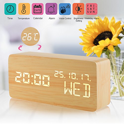 Alarm Clock,Wood Alarm Clock Voice Command Time Bedside LED Travel Alarm Clock Cube 3 Levels Brightness 3 Alarms Digital Alarm Clock Display Time Date Week Temperature for Bedrooms Office Home