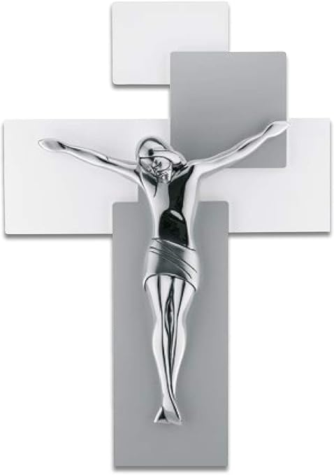 Crocifisso da parete moderno 17x12 croce grigio bianco cristo colore argentato me12101g