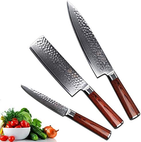 YARENH Vegetable Knife Set Professional 3 Piece - High Carbon Japanese Damascus Steel Blade - Pakka Wood Handle - Gift Box Packaging - Chef Knife Set HYZ-Series
