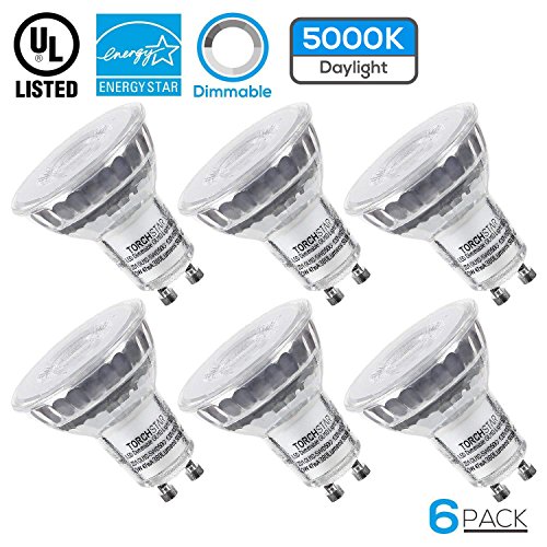 TORCHSTAR Dimmable LED MR16 GU10 Glass Spot Light Bulb, 5.3W (50W Equivalent), 5000K Daylight, 380 Lumens, UL and Energy Star Certified, 3 Years Warranty, Pack of 6